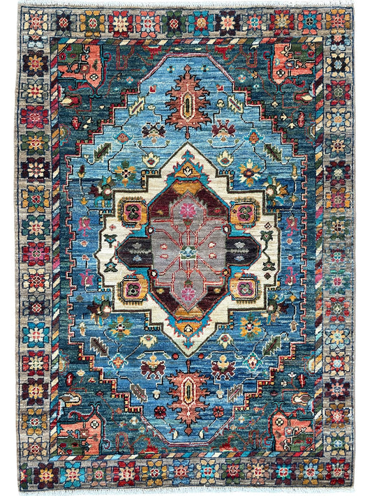Decorative rug with intricate patterns and colors on a plain background