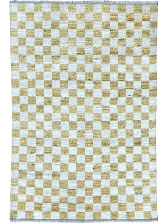 Checkered rug with alternating light and dark squares on a plain background
