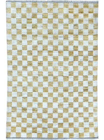 Checkered rug with alternating light and dark squares on a plain background